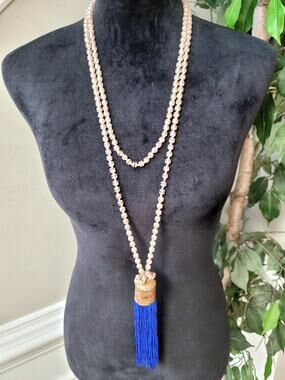 Taupe Beaded Long Tassel Necklace Royal Blue Fringe Boho Statement Jewelry
